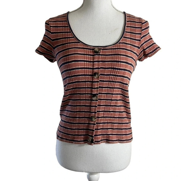 American Eagle Top Small Striped Button Accents Orange Navy Knit Short Sleeves - Picture 1 of 5